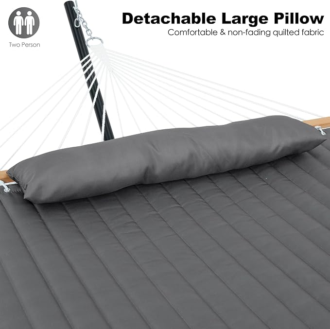 GAFETE 2 Person Hammock with Stand for Outside, Heavy Duty Steel Stand, 55inch Double Hammocks, Large Removable Pillow, Storage Bags, Max 475 lbs Capacity (Dark Grey)