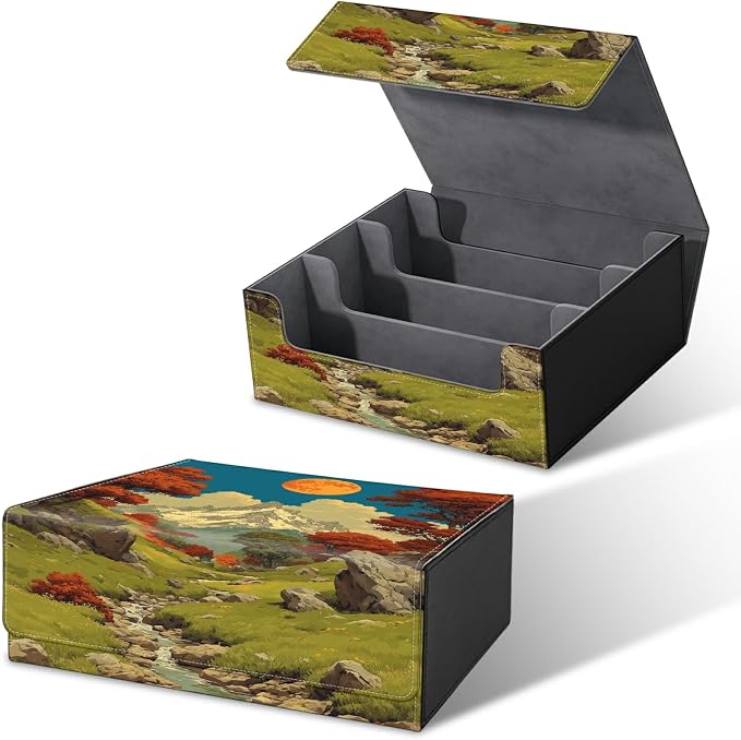 Large Card Deck Box for MTG, Fits 1200+ Sleeved Cards, PU Leather Storage Case with Strong Magnetic Closure, Multiple Colors for TCG CCG Baseball Card Collections, Snow Mountain Moon Brook