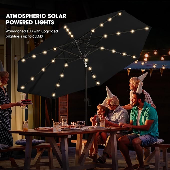 wikiwiki 9FT Solar Led Patio Umbrella with Base Included, 32 LED Lights, 8 Sturdy Ribs, Fade Resistant Waterproof POLYESTER DTY Canopy for Garden, Lawn, Deck, Backyard & Pool, Black