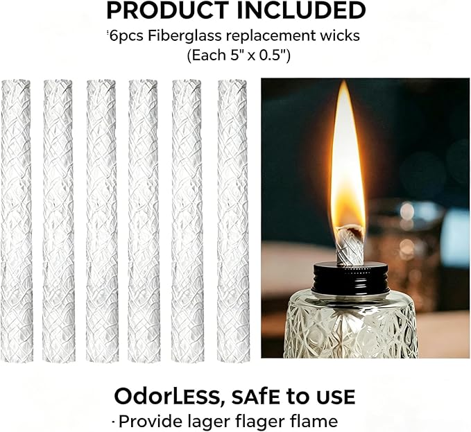 6 Pack Oil Lamp Torch Fiberglass Wicks 5.1” Long-Lasting Citronella Wicks for Tiki Torch, Metal & Glass Lamps