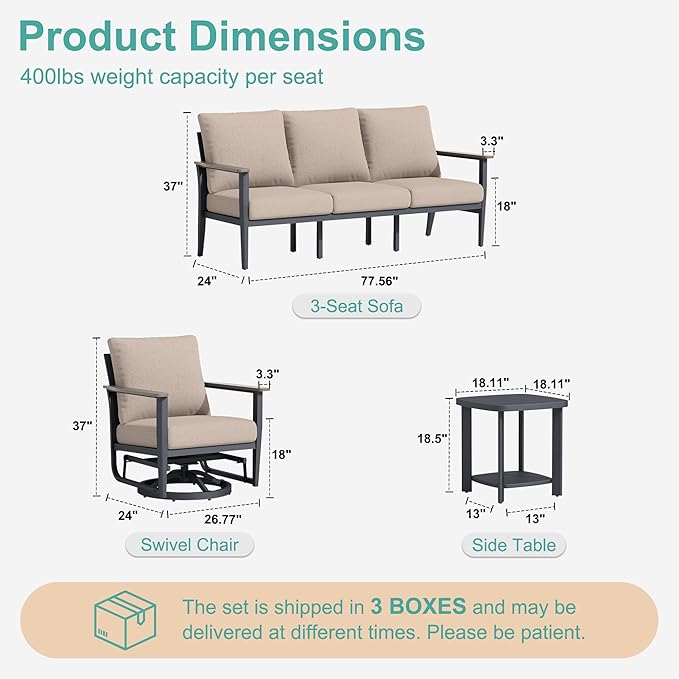 7-Seat Outdoor Patio Furniture Set with Rocking Swivel Chair, Aluminum Sectional Sofa Set with Ottomans, Patio Conversation Set with High Backrest & Thickened Cushions, Sand