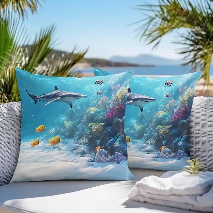 JasmineM Outdoor Pillow Cover Set of 2 Ocean Shark Waterproof Throw Pillow Covers Underwater Decorative Pillowcases Garden Cushion Case for Patio Couch Sofa 16x16 Inch