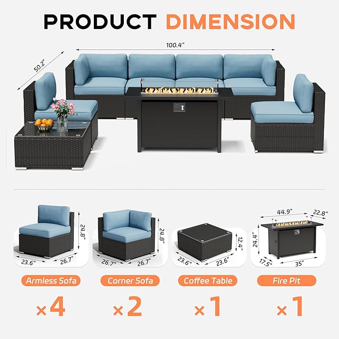 Oakcloud 8-Piece Outdoor Patio Furniture Sofa Set with 45” Propane Gas Fire Pit Table, Grey Rattan Wicker Sectional Conversation Sets with Glass Top Tables and Cushions(Haze Blue, w/Fire Pit Table)