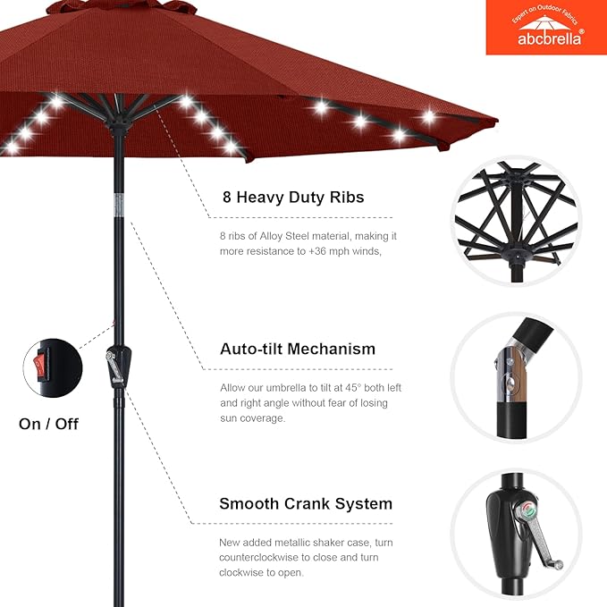 ABCCANOPY OLEFIN® 5-Year No Fading Patio Umbrella with Solar Lights (Burgundy)