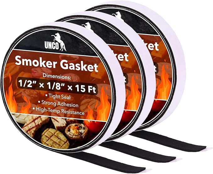 UNCO- Smoker Gasket, 15 FT, 1/2" x 1/8", 3 Pack, Black, Smoker Gasket Seal High Temp