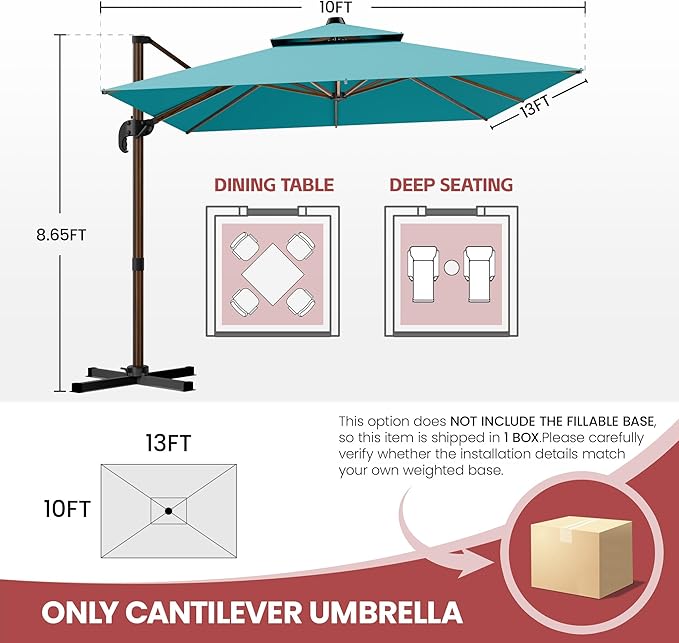 GENTEACO 10x13FT Wood Pattern Cantilever Patio Umbrella, Double Top Rectangle Offset Umbrella 7 Angle Tilts & 360° Rotation, Large Heavy Duty Outdoor Sun Umbrella for Pool Market, Turquoise Blue