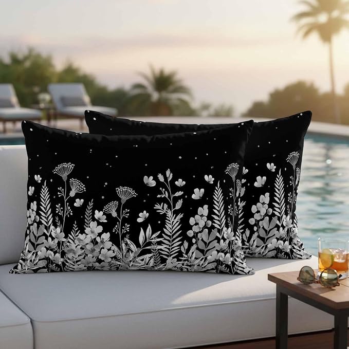 Outdoor Pillow Covers Waterproof, Vintage Floral Decorative Rectangle Throw Pillowcases Patio Cushion Covers for Tent/Garden, 20" x 12" 2 Pack, Spring Wildflowers Country Botanical Black