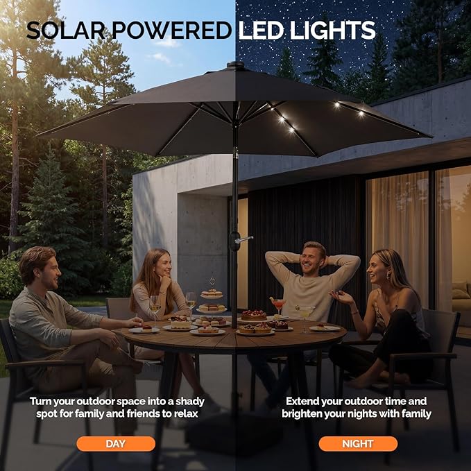 VINGLI 9FT Patio Umbrella with Solar Lights, Outdoor Umbrella with Push Button Tilt and Crank, Umbrella Outdoor Patio for Patio, Deck, Backyard, Pool