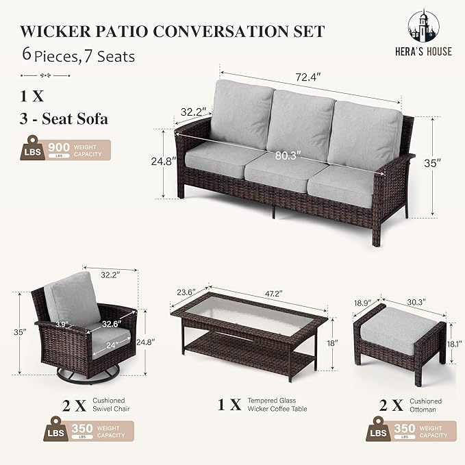HERA'S HOUSE Patio Furniture Set with High Back Swivel Chair, 6-Piece Outdoor Wicker Sectional Conversation Set with Ottomans, 3-Seat Couch with Rattan Table for Garden Backyard, Gray