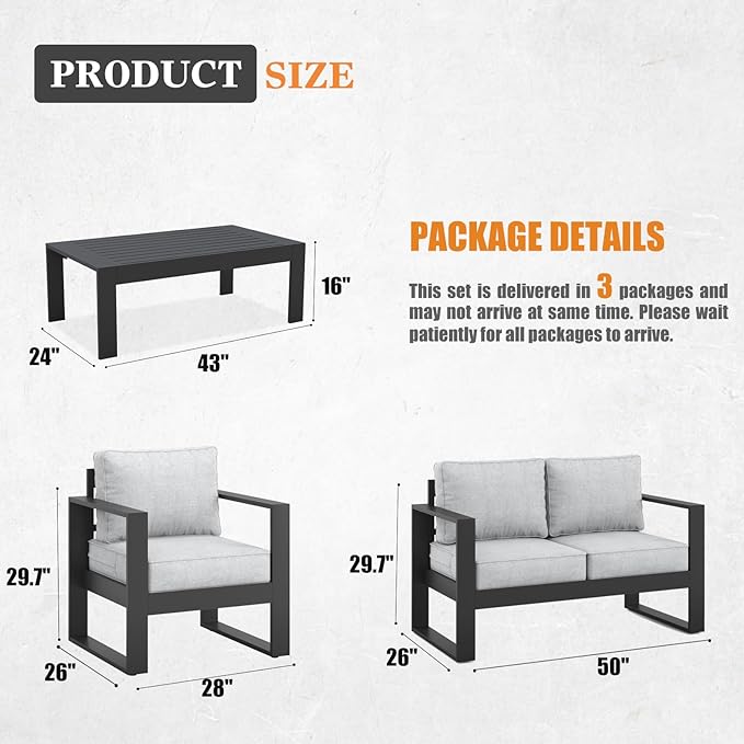 Outdoor Aluminum Furniture Set - 4 Pieces Modern Patio Conversation Sets Metal Sectional Sofa with Coffee Table