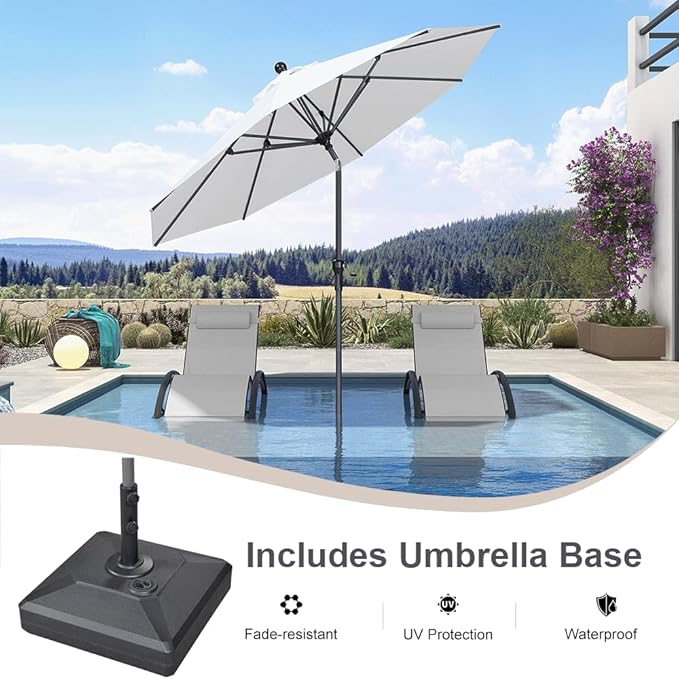 PURPLE LEAF 9' Round Patio Market Umbrella with Base Outdoor Table Umbrellas Aluminum Frame Sun Shade with 8 Sturdy Ribs Tilt for Garden Deck Lawn Pool White