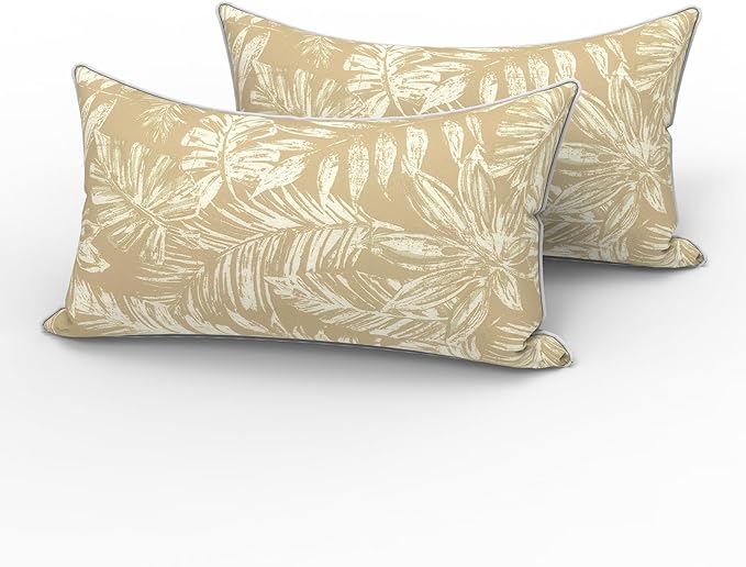 LVTXIII 2 Pack Outdoor Lumbar Pillows 12x20 Inch with White Piping, Fade Resistant Support Throw Pillows with Inserts for Patio Furniture, Sofa, Chair, Tropical Leaf Oat