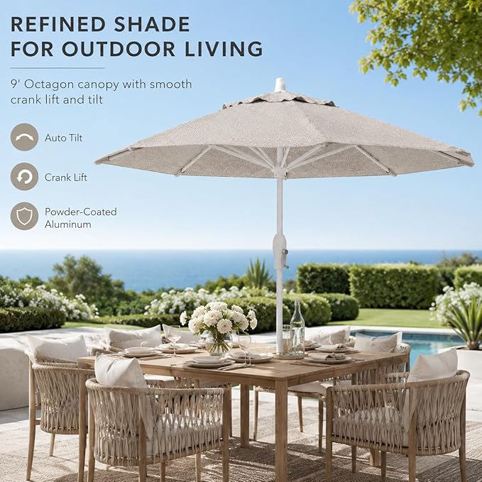 Treasure Garden 9ft Patio Umbrella - Outdoor Furniture Market Umbrella – Deluxe Auto-Tilt – White Aluminum Frame (Sunbrella, Cast Silver)