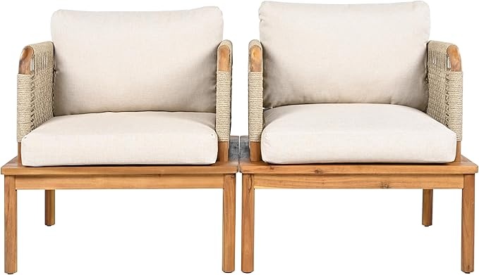 Merax MP2 Set of 2 Outdoor Club Chairs, Acacia Wood & Rope Weave with Water-Repellent Cushions, Patio Conversation Chairs for Garden & Balcony
