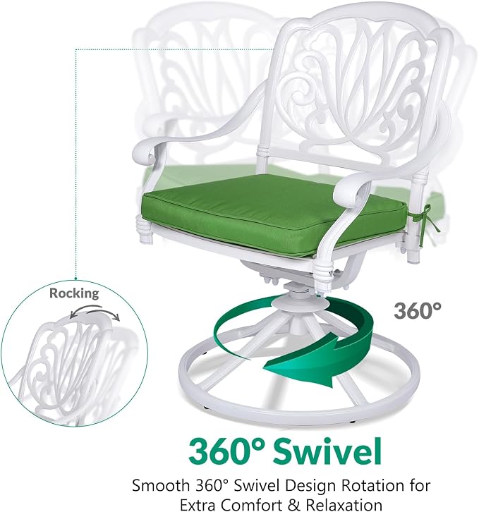 VIVIJASON 7-Piece Outdoor Furniture Dining Set, All-Weather Cast Aluminum Patio Conversation Set, Include 4 Stationary Chairs, 2 Swivel Dining Chairs and a Rectangle Table with Umbrella Hole, White