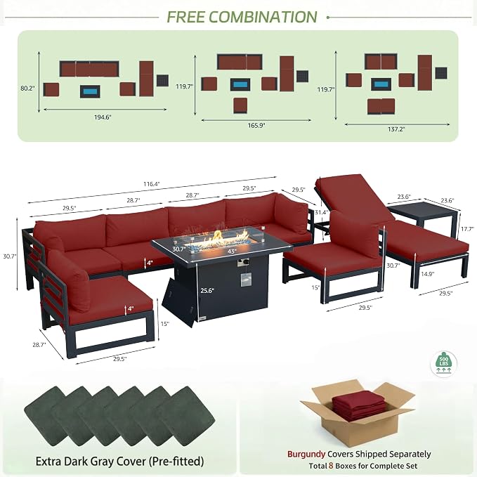 RADIATA 9 Piece XL Aluminum Patio Sectional Furniture Set with Chaise & Fire Pit Table, 500 lbs Heavy Duty Anti-Rust Outdoor Couch, 29 inch Deep Wide Seating, Elegant Conversation Sofa for Yard, Red