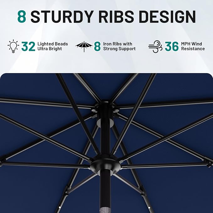 AreShark 12FT Large Patio Umbrella with Solar Lights, Solar Powered Outdoor Umbrella with Crank, Patio Table Market Umbrellas for Garden, Deck, Backyard, Pool and Beach, Navy