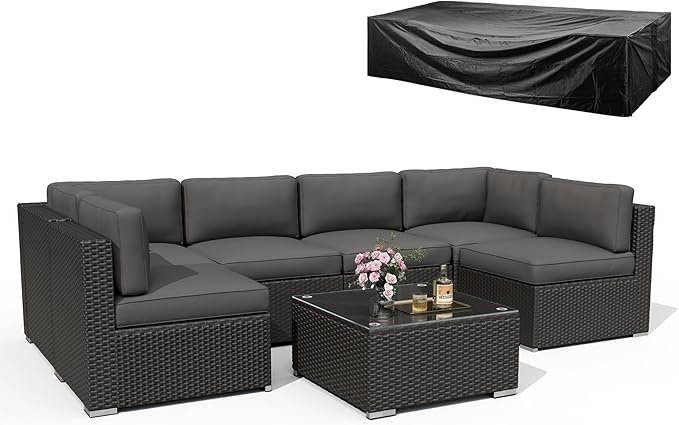 8 Pieces Outdoor Patio Furniture Set with Waterproof Cover, Black Brown Wicker Patio Sectional Sofa Set, Outdoor Couch with Cushion and Tempered Glass Table, Grey