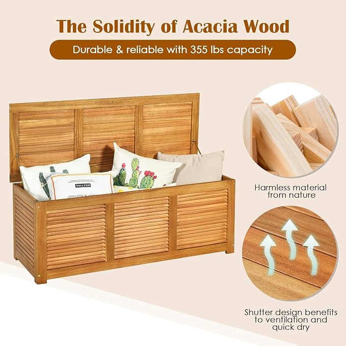 Byroce 46 Gallon Acacia Wood Deck Box, Outdoor Storage Bench for Patio | FSC acacia wood, teak oil finish, 46 gallon, 355 lbs, shutter front, metal hinges, ventilated slat sides, for patio garden