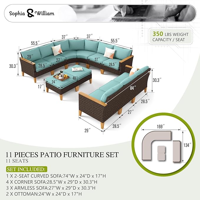 Sophia & William Outdoor Wicker Sectional Sofa Set, 11 Piece Half Moon Curved Patio Furniture Modern Round Outdoor Couch Conversation Set with Ottoman for Backyard, Pool, Garden(Aqua Blue)