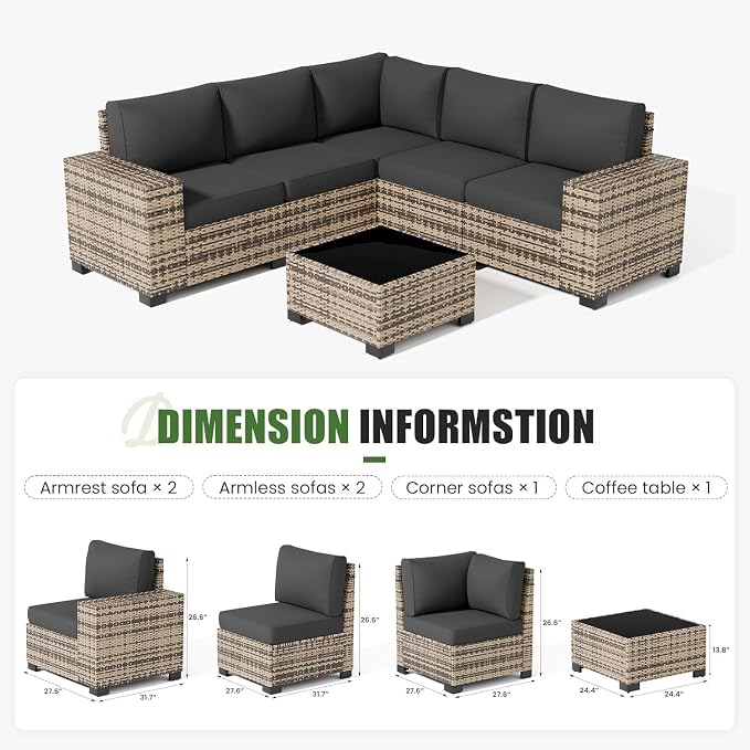 UDPATIO Patio Furniture Set L-Shaped, 8" Width Armrest Sectional Set, Al Weather PE Rattan Conversation Furniture with High Density Cushions and Coffee Table for Outdoor Backyard Porch Grey