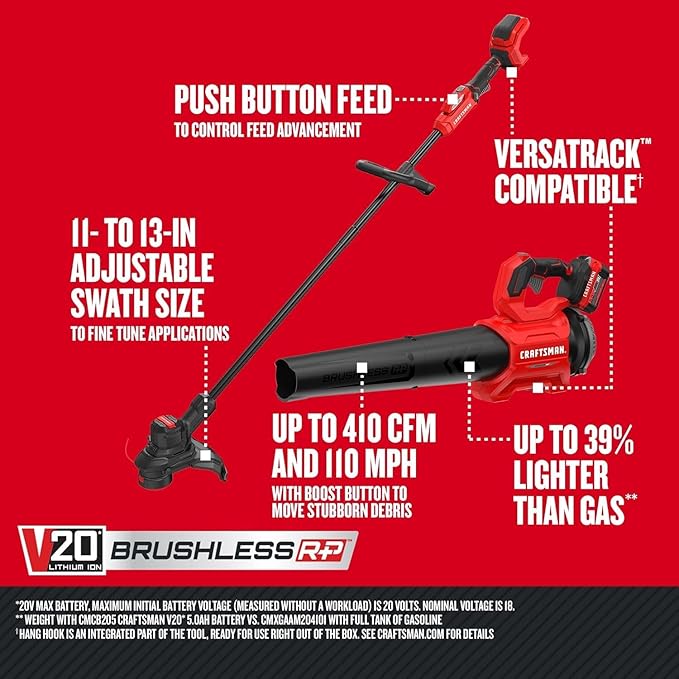 CRAFTSMAN CMCK497P1R V20 Lithium-Ion Cordless String Trimmer and Blower Combo Kit (5 Ah) (Renewed)