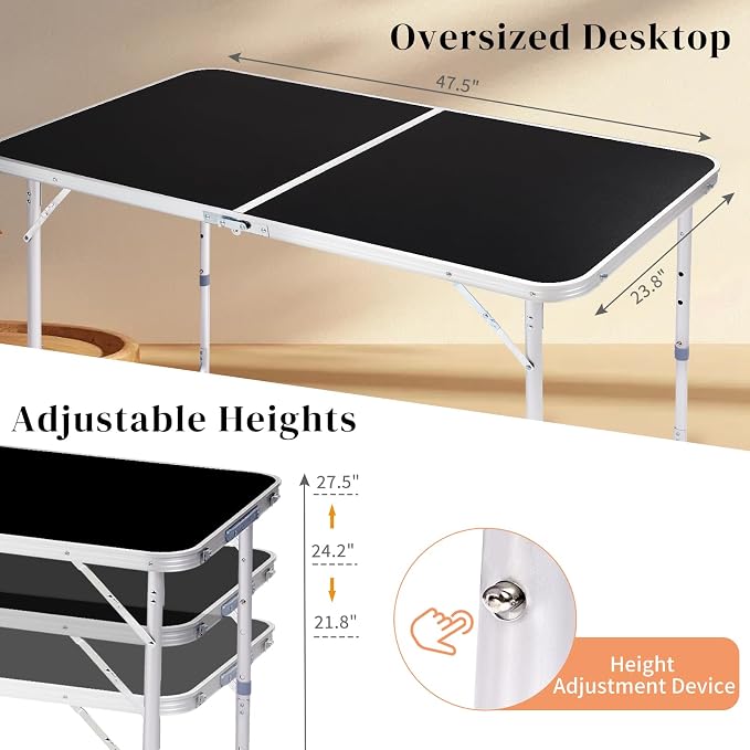 Folding Table 4 Foot - 3-Position Adjustable Height, Lightweight Fold-in-Half Utility Table for Outdoor Picnic BBQ Camping Fishing RV Beach, Aluminum Frame, MDF Desktop, with Carrying Handle
