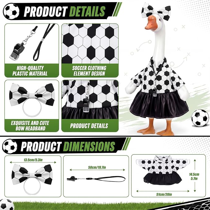 Soccer Porch Goose Outfit Black and White Soccer Goose Clothes Ball Dress Skirt with Bow Headband Whistle Sport Geese Costume for 17-23 Inch Cement Geese Statue Outdoor Garden Lawn Yard Decor