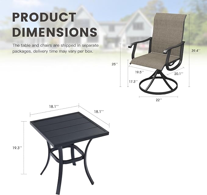Outdoor Dining Set for 2, 18.1" Metal Square Patio Side Table and Sling Patio Swivel Chairs, 3 Pieces Patio Table and Chairs Set for Garden Backyard, Mixed Brown and Black