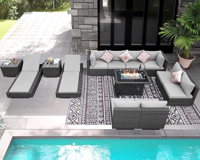 NICESOUL 13 Piece Outdoor Sectional w/Fire Pit Table, Luxury Modular Patio Furniture Set w/Chaise Lounge, Plus 29.3'' High-Back Seating Sofa, All-Weather Deck Couch for Poolside, Yard, Light Grey