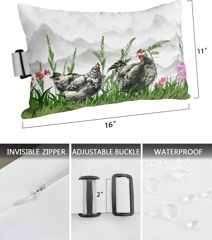Outdoor Pillows Covers with Inserts Farmhouse Chicken Flower Ink Painting Green Waterproof Recliner Pillow with Adjustable Strap Throw Pillows for Patio Furniture Pool Lounge Chair, 11x16 inch, 1PCS