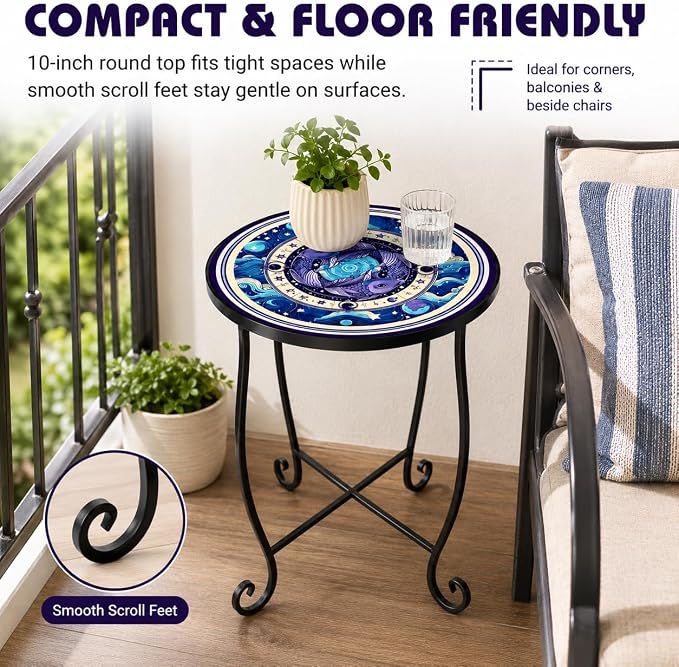 15 Inch Tall Outdoor Side Table, Metal Patio End Table with Twin Koi Fish Pattern, Rust Proof Black Small Garden Stool for Deck, Coastal Decor & Mermaid Table Gift