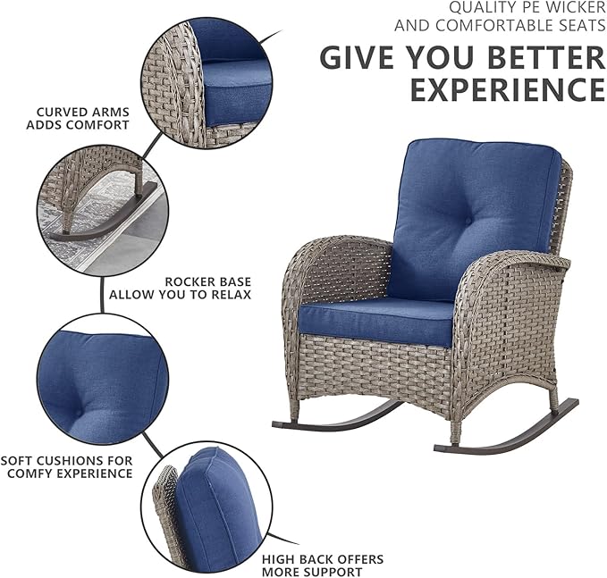 Belord 6 Pieces Patio Rocking Chairs Outdoor Furniture Set with Outdoor Couch and Ottoman Conversation Patio Furniture Set Perfect for Deck Sunroom Backyard