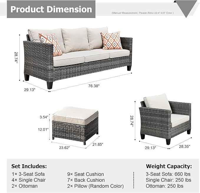 HOOOWOOO Wicker Patio Conversation Sets,7 Piece Outdoor Furniture Set with Ottoman,All Weather Resistant Modern Outside Out Door Rattan Couch Chairs Set,Beige
