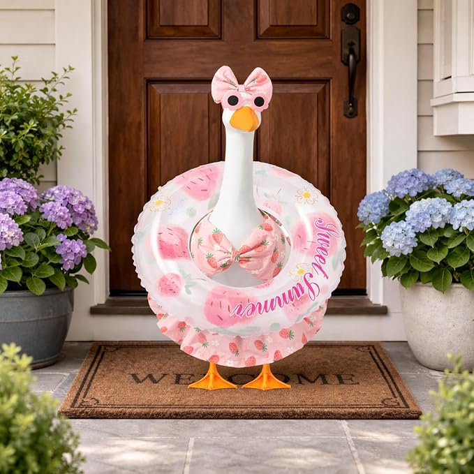 Summer Porch Goose Outfit with Sunglasses and Swim Ring for 23" Goose Statue Hawaiian Bikini Goose Outfits Porch Goose Clothes Costume for Garden Lawn Yard Decor(Strawberry)