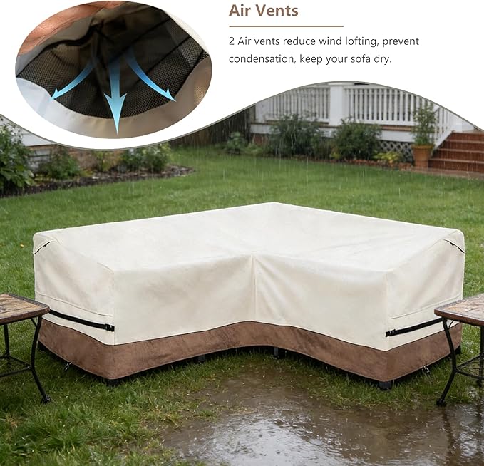 okcool Outdoor Sectional Sofa Cover Waterproof-V-Shaped Patio Furniture Covers for 7-Seater Outdoor Sectional Furniture Couch（105''X105''）,Beige & Brown