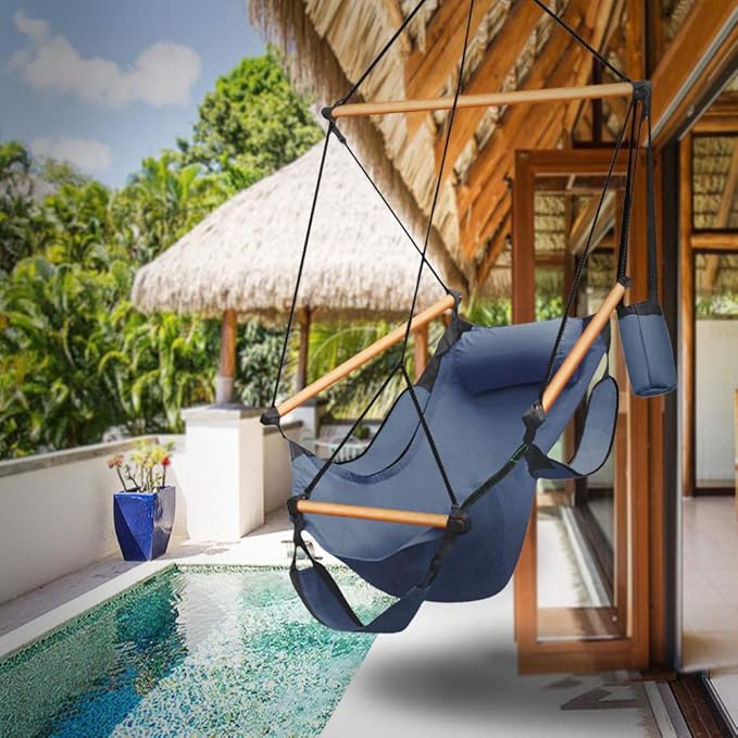 Flexzion Hanging Rope Hammock Chair (Blue) Air Deluxe Sky Swing Outdoor Seat Solid Wood 250lb with Pillow Arm Arrest Footrest and Drink Holder for Patio Furniture Camping Travel Porch Lounge
