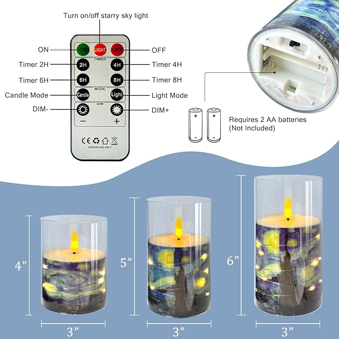 Flickering Flameless Candles, Recessed String Light LED Candles Acrylic Battery Operated LED Pillar Candles Van Gogh Art Painting Style for Home Decor Set of 3(Starry Night Printed)