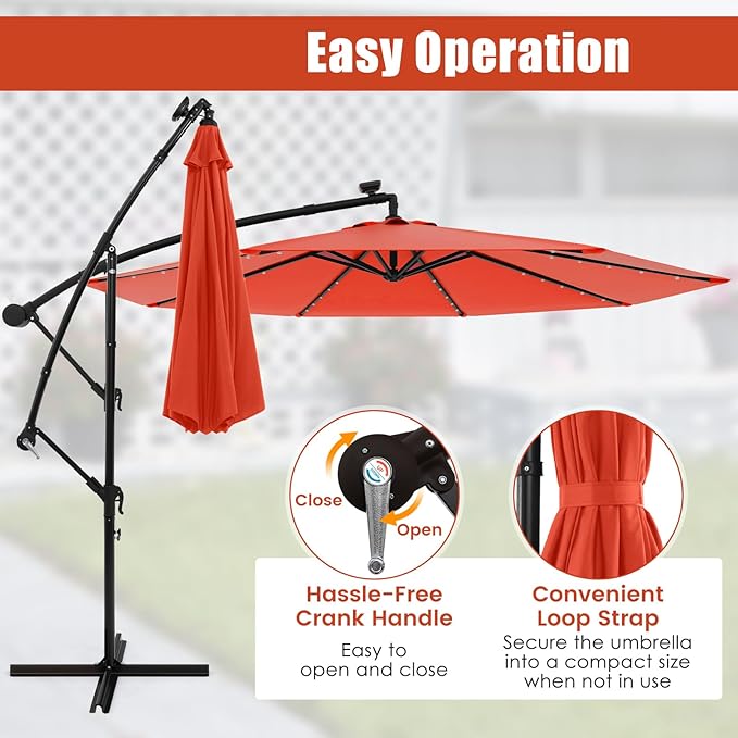 Tangkula 10 Ft Patio Offset Umbrella, 40 LED Lighted Market Umbrella W/8 Sturdy Ribs, Easy Tilt Adjustment & Crank, Polyester Shade, Ideal for Backyard, Garden, Seaside, Store, Pool (Orange)