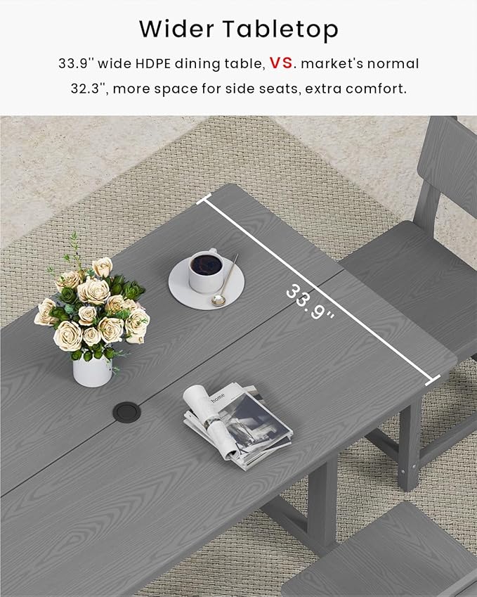 7-Piece HDPE Outdoor Dining Set, Weatherproof Patio Table and Chairs for 6, Outdoor Dining Table Set for Outside Deck Backyard Garden, Grey