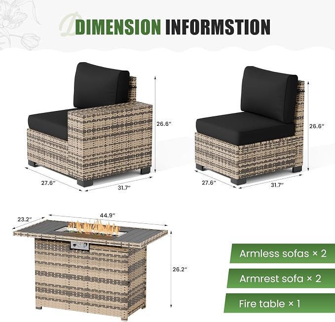 Amopatio 5 Piece Patio Furniture Set with 8" Armrest & 44" Fire Pit Table, Outdoor Wicker Rattan Sectional Sofa Conversation Set for Backyard, Garden, Poolside(Black Cushion)