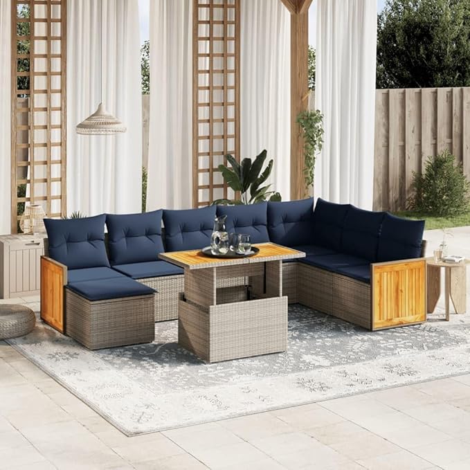 vidaXL Patio Sofa Set with Cushions 9 Piece, Outdoor Conversation Set, Sectional Sofa for Balcony Garden, Modern Style, Gray Poly Rattan