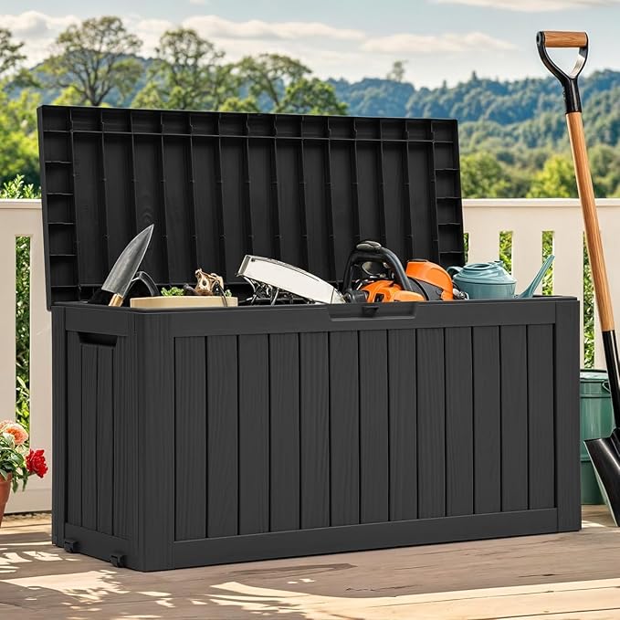 72 Gallon Outdoor Storage Box with Wheels Resin Deck Box for Indoor Outdoor Patio Throw Pillows Athletic Gear Black