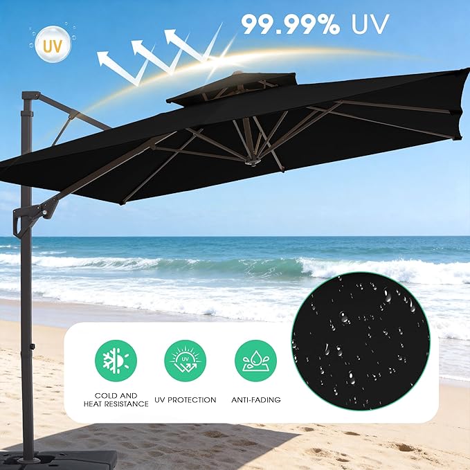 JEAREY 10ft 2-Tier Cantilever Patio Umbrella, Large Square Outdoor Offset Umbrella with Double Top Vent and 360-degree Rotation for Garden, Deck, Pool, Patio, Black