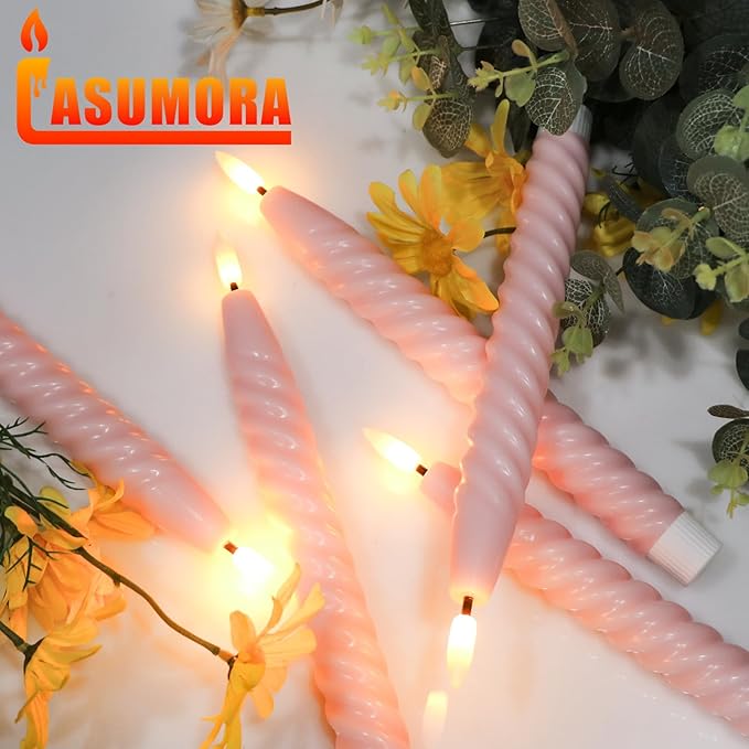 Pink Flameless Taper Candles Real Wax Flickering Pastel with Remote Timer, 3D Wick LED Spiral Candles Battery Operated 6 Pack 9.8 inch, Wedding Birthday Home Party Holiday Dinner Decor