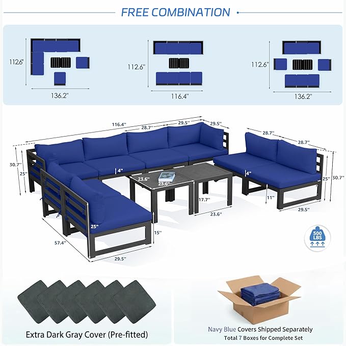 NICESOUL Extra Large Modern Aluminum Outdoor Sofa, 29" Deep Wide Seating, 500 lbs Heavy Duty Sectional Set for Heavy People, Fade & Water Resistant Patio Furniture Set for Backyard Poolside, Navy Blue