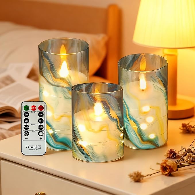 Printed Flameless Candles with String Lights - Set of 3 Battery Operated Candle Flickering Floral LED Pillar Candles with Timer Remote for Home Decor Romantic Ambiance,BG