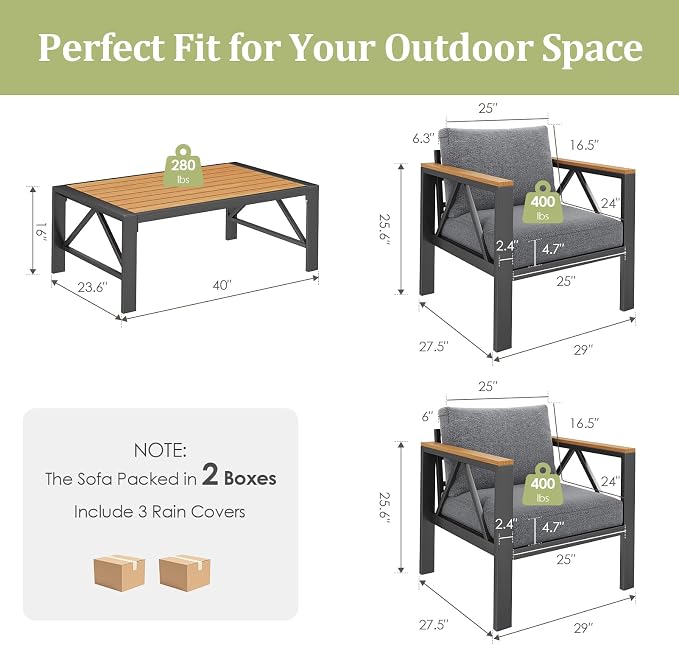 INGEROOM 4 Piece Aluminum Outdoor Patio Furniture Set with Waterproof Cover, 4-Seat Patio Conversation Sets with Coffee Table, Outdoor Sectional Furniture Set for Porch, Balcony, Deck, Oatmeal