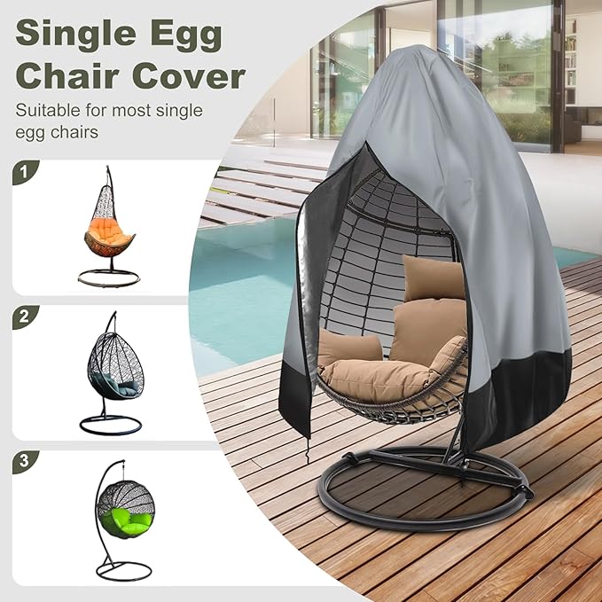 Outdoor Furniture Covers Waterproof, Patio Egg Chair Cover with Zipper,Outdoor Hanging Egg Chair Cover,UV Resistant, Windproof Heavy Duty,Wicker Egg Swing Chair Covers,Fits Single Seat Egg Chair, Gray
