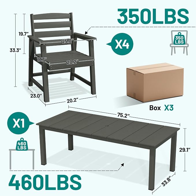 PLUUV 5-Piece Patio Dining Set, Hdpe Outdoor Patio Furniture Set with Aluminum Table Legs & Umbrella Hole, All-Weather Resistant Patio Table Set for Garden, Backyard, 4 Chairs & 1 Table, Gery